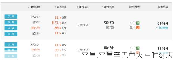 平昌,平昌至巴中火车时刻表